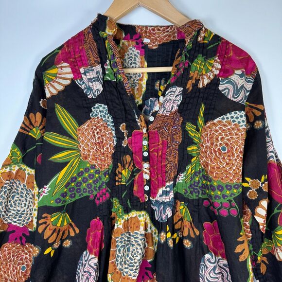 Boho Floral Tunic Blouse Womens Small Black Multicolor Peasant Top Lightweight - Picture 2 of 12